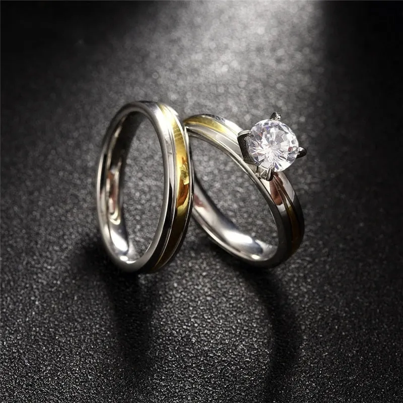 Gold and Silver Cubic Zirconia Stainless Steel Wedding Ring Set