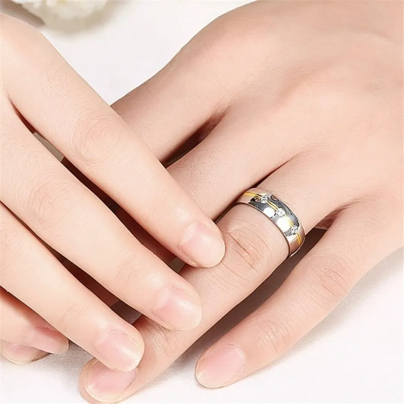 Gold and Silver Cubic Zirconia Stainless Steel Wedding Ring Set