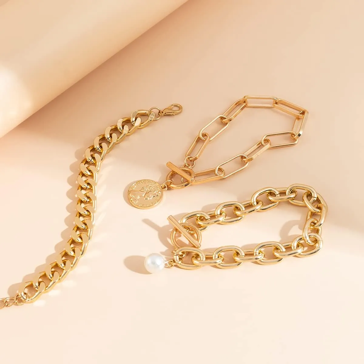 Gold Chain Link Crystal Bracelet Set for Women Dainty Baroque Pearl Beaded Stackable Cuban Link Bracelets Plated Minimalist Paperclip Ankle Wristbands Jewelry for Punk Hiphop Party