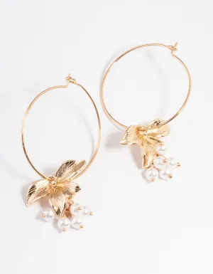 Gold Large Petal & Pearl Hoop Earrings