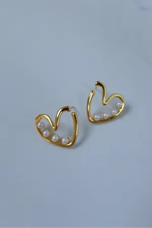 Gold Open Pearl Heart Earring