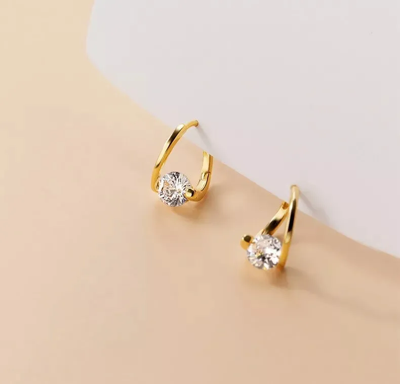 Gold Twist CZ Circle Hoop Huggie Earrings
