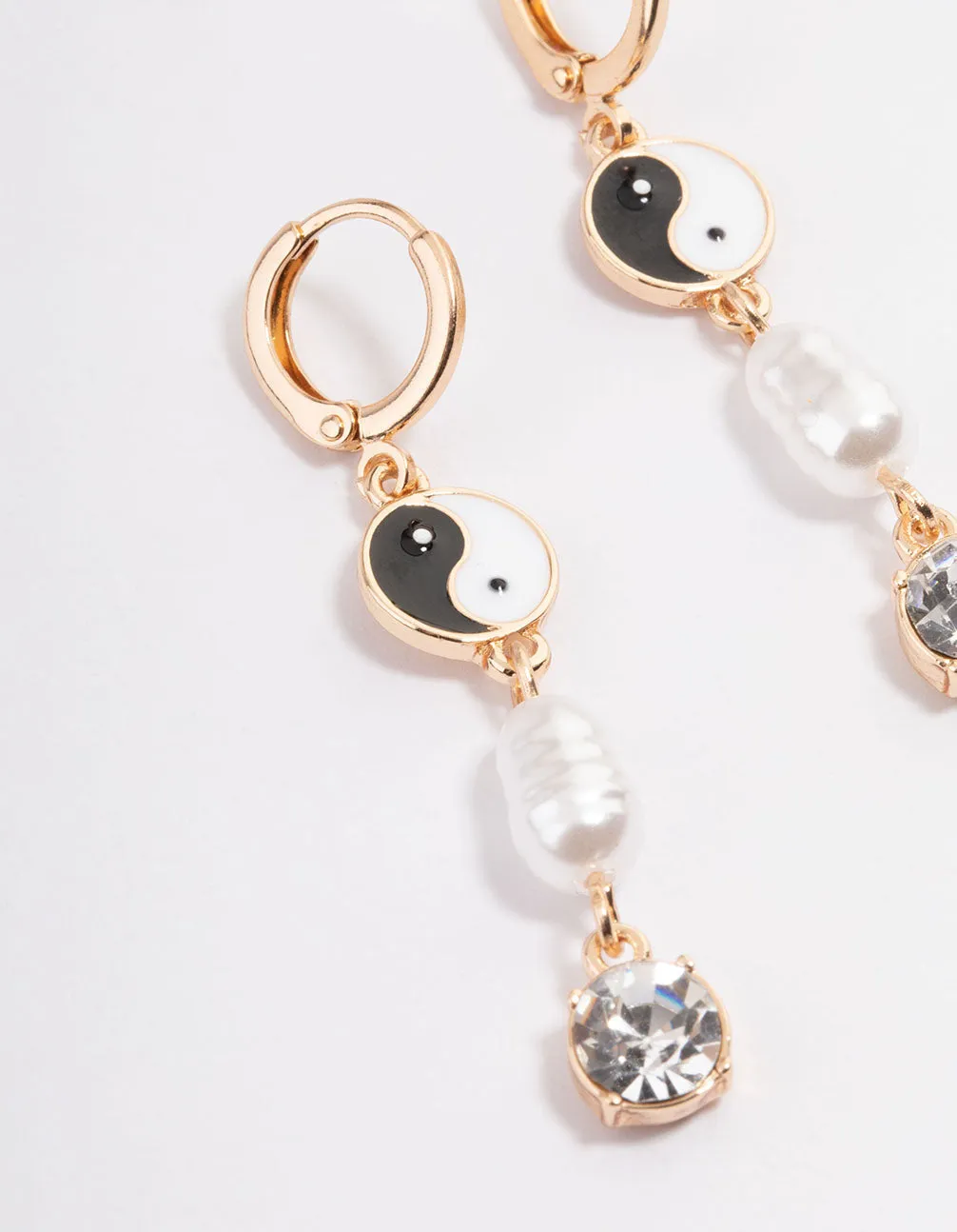 Gold Yin & Yang Pearl Diamante Huggie Earrings