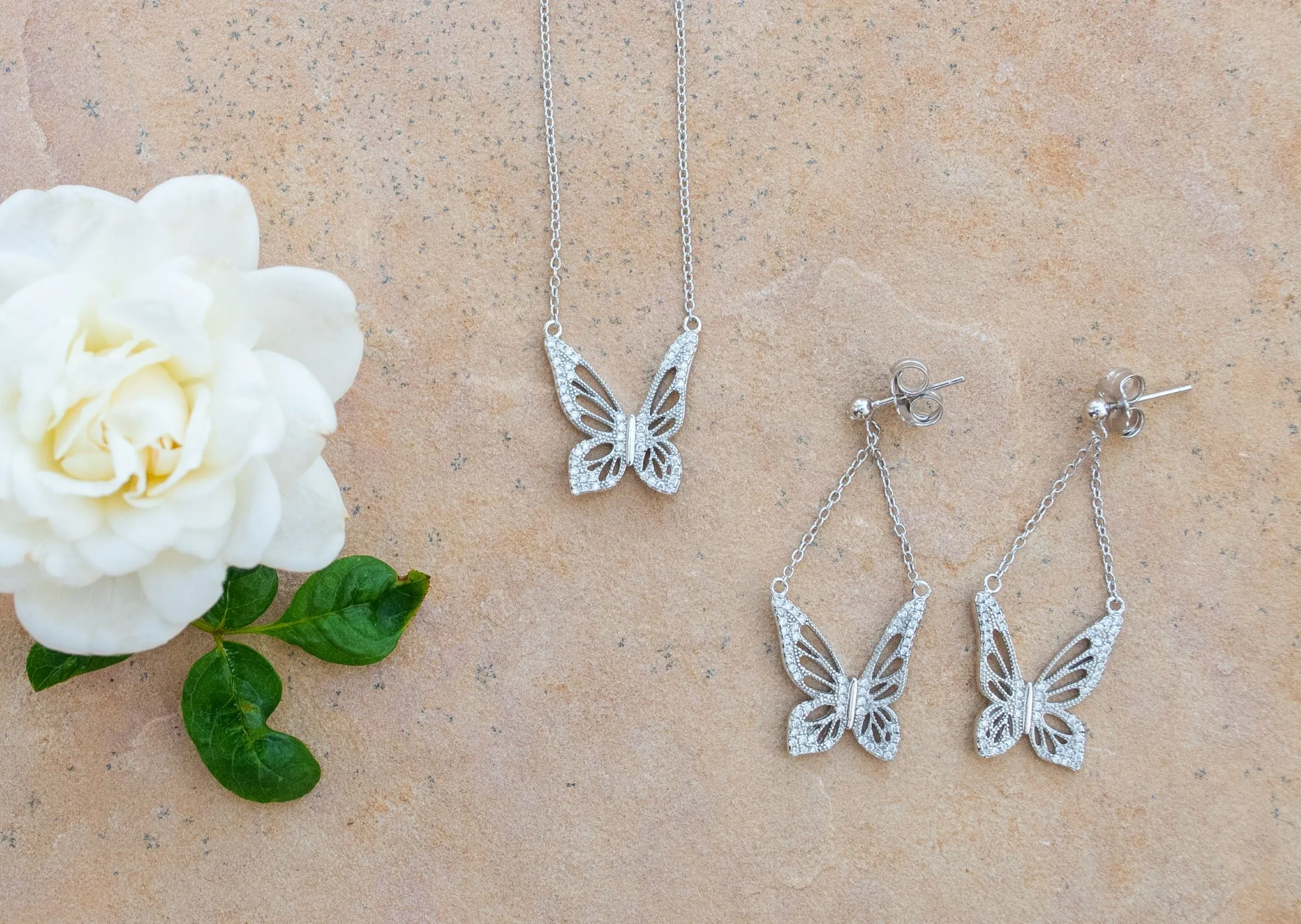 Graceful Spirit Butterfly Earrings, White Rhodium with CZ Diamond Pave
