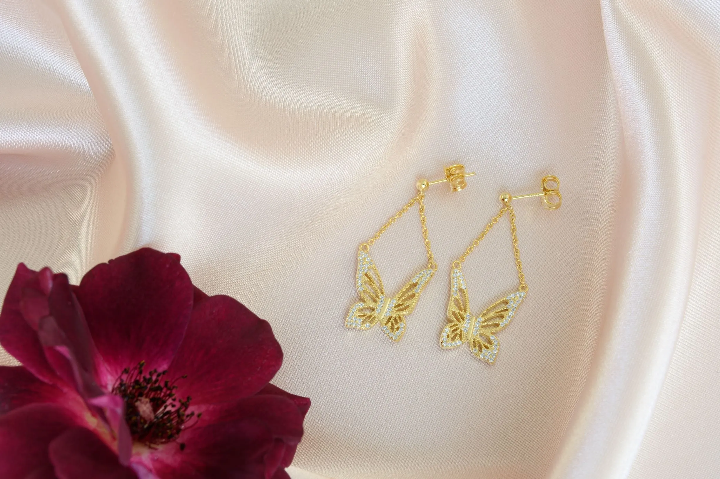 Graceful Spirit Butterfly Earrings, White Rhodium with CZ Diamond Pave