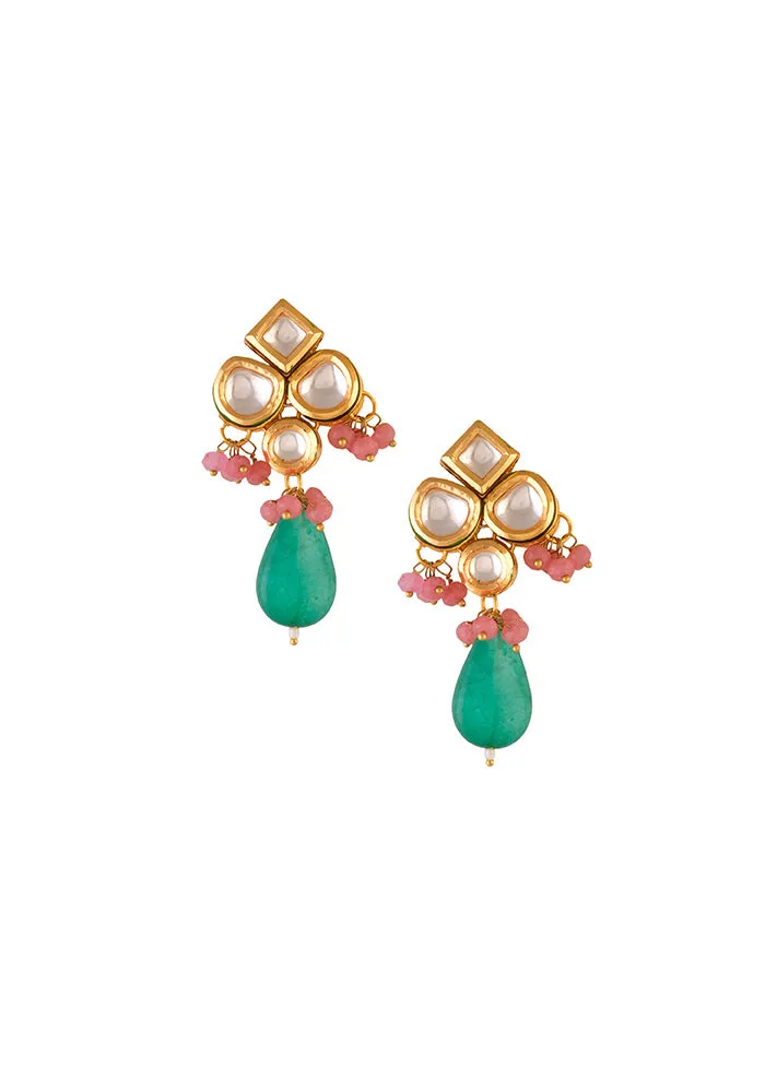 Green Pink Beaded Kundan Inspired Earrings