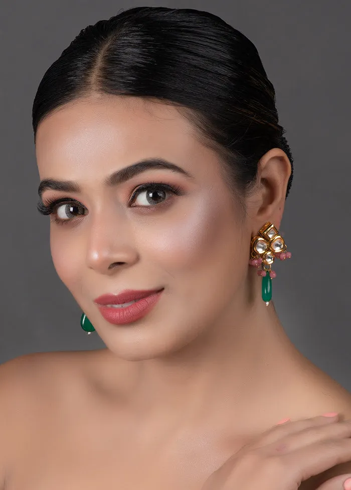 Green Pink Beaded Kundan Inspired Earrings