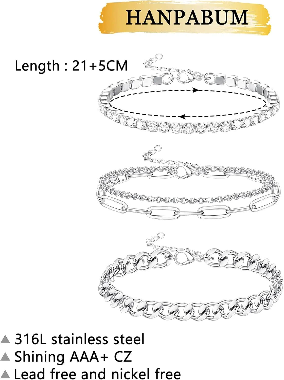 HANPABUM 3-4 PCS Stainless Steel Chain Anklet for Women Dainty Boho Tennis Ankle Bracelets Set Layered Link Paperclip Chain Anklet Adjustable Summer Beach Foot Jewelry