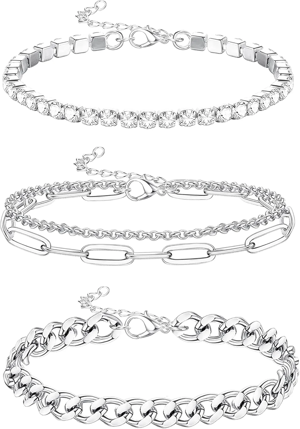 HANPABUM 3-4 PCS Stainless Steel Chain Anklet for Women Dainty Boho Tennis Ankle Bracelets Set Layered Link Paperclip Chain Anklet Adjustable Summer Beach Foot Jewelry