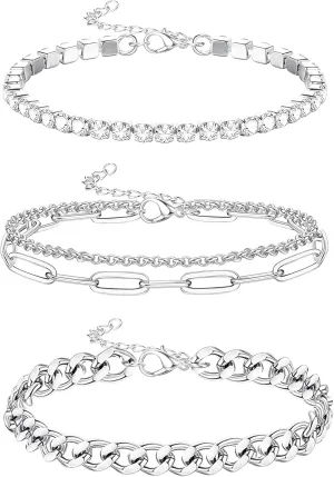 HANPABUM 3-4 PCS Stainless Steel Chain Anklet for Women Dainty Boho Tennis Ankle Bracelets Set Layered Link Paperclip Chain Anklet Adjustable Summer Beach Foot Jewelry