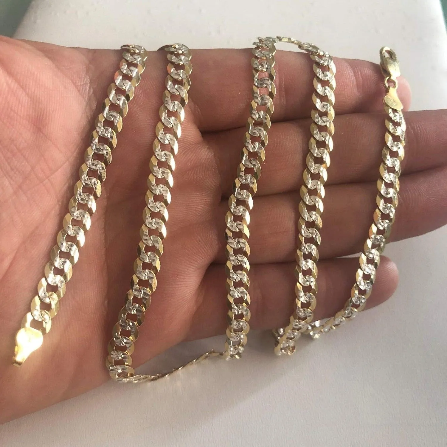 HarlemBling Men's Flat Cuban Chain Or Bracelet - 6mm - 14k Gold Over Solid 925 Sterling Silver - Made In Italy - Two Tone Diamond Cut
