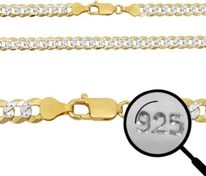 HarlemBling Men's Flat Cuban Chain Or Bracelet - 6mm - 14k Gold Over Solid 925 Sterling Silver - Made In Italy - Two Tone Diamond Cut