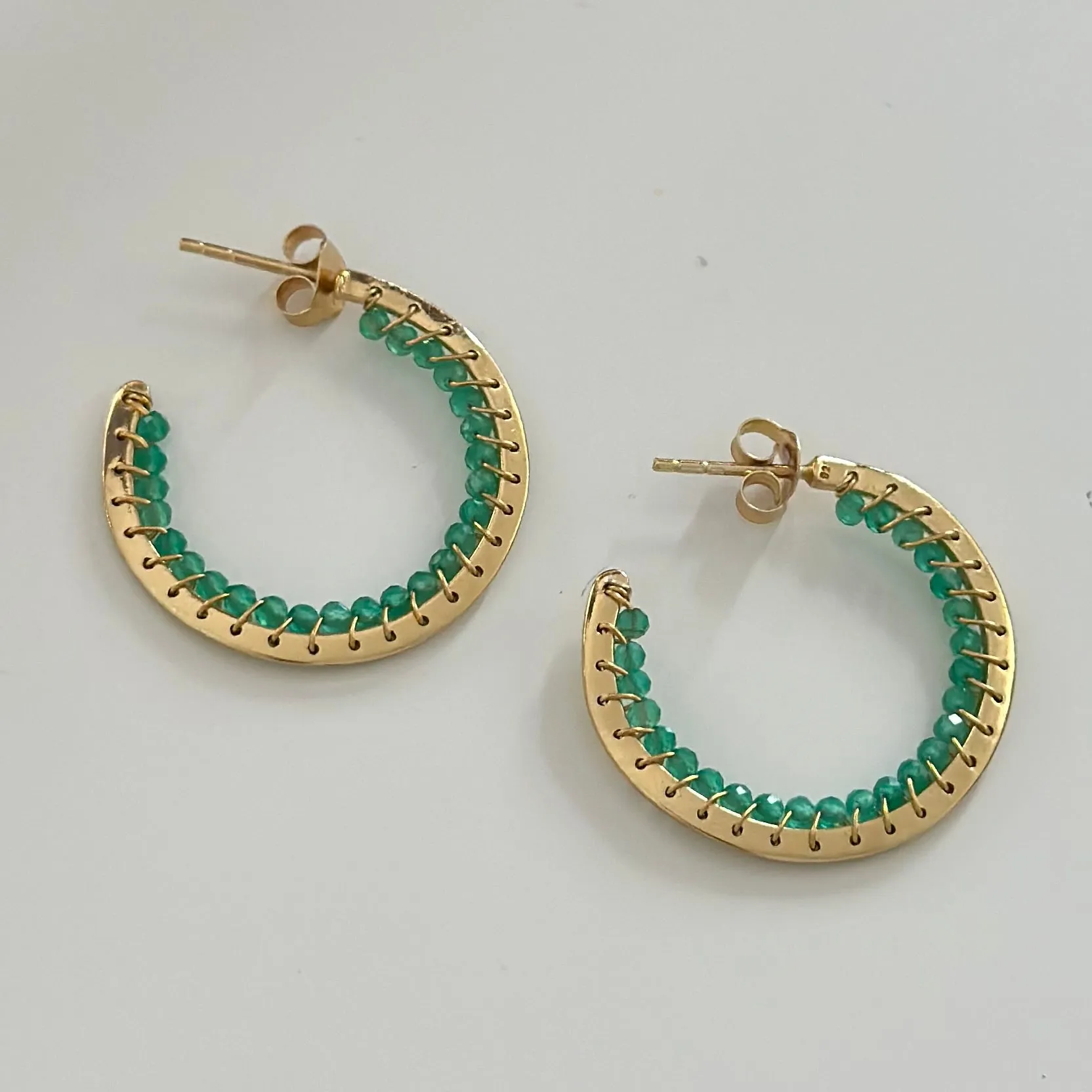 Hoop Earrings in Gold Plated Sterling Silver with Green Onyx Gemstone