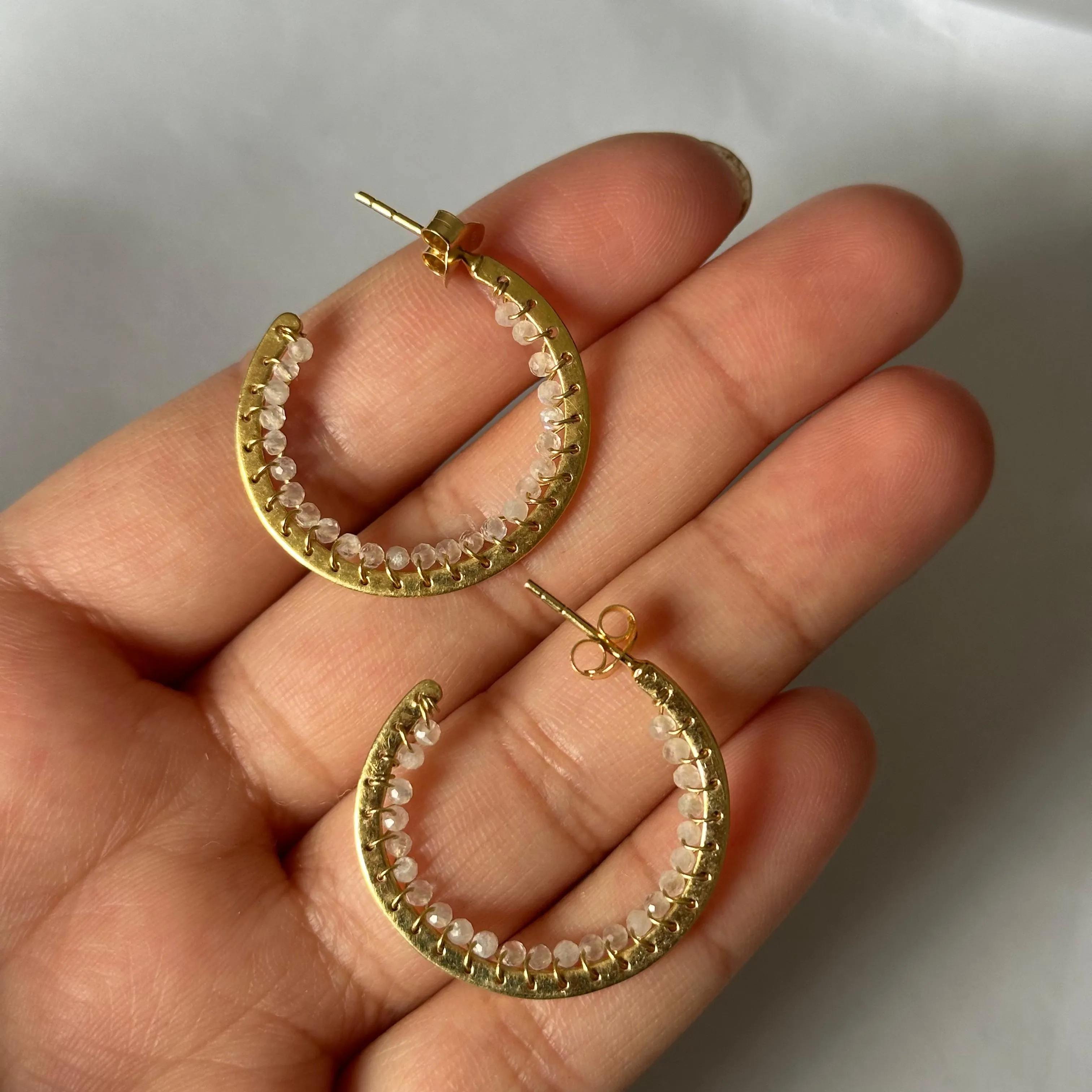 Hoop Earrings in Gold Plated Sterling Silver with Moonstone Gemstone
