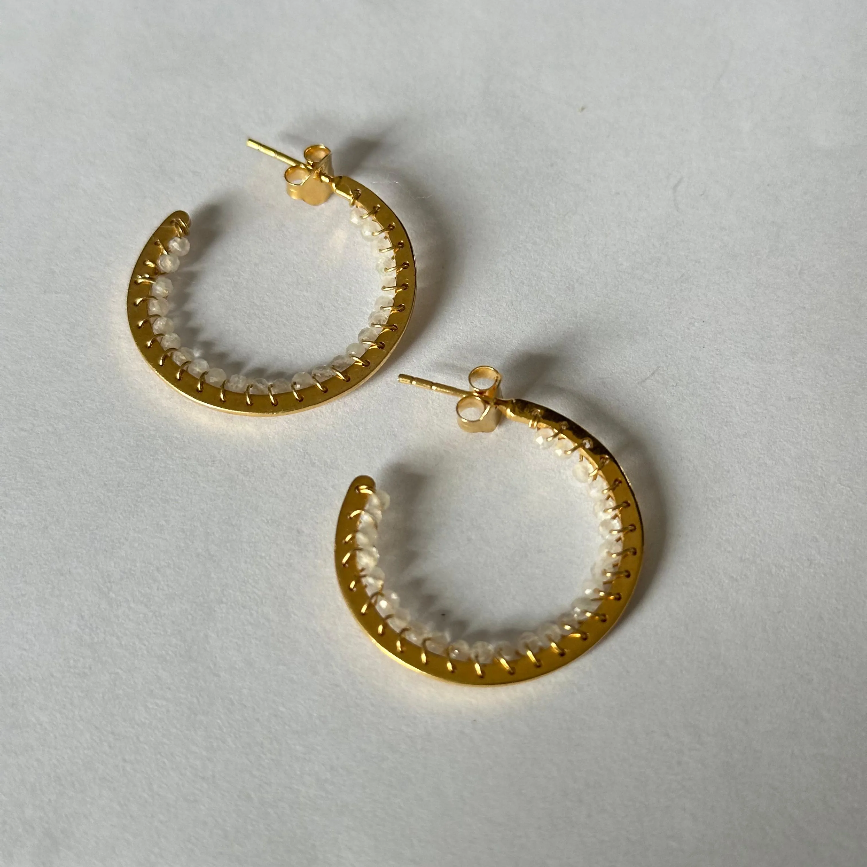 Hoop Earrings in Gold Plated Sterling Silver with Moonstone Gemstone