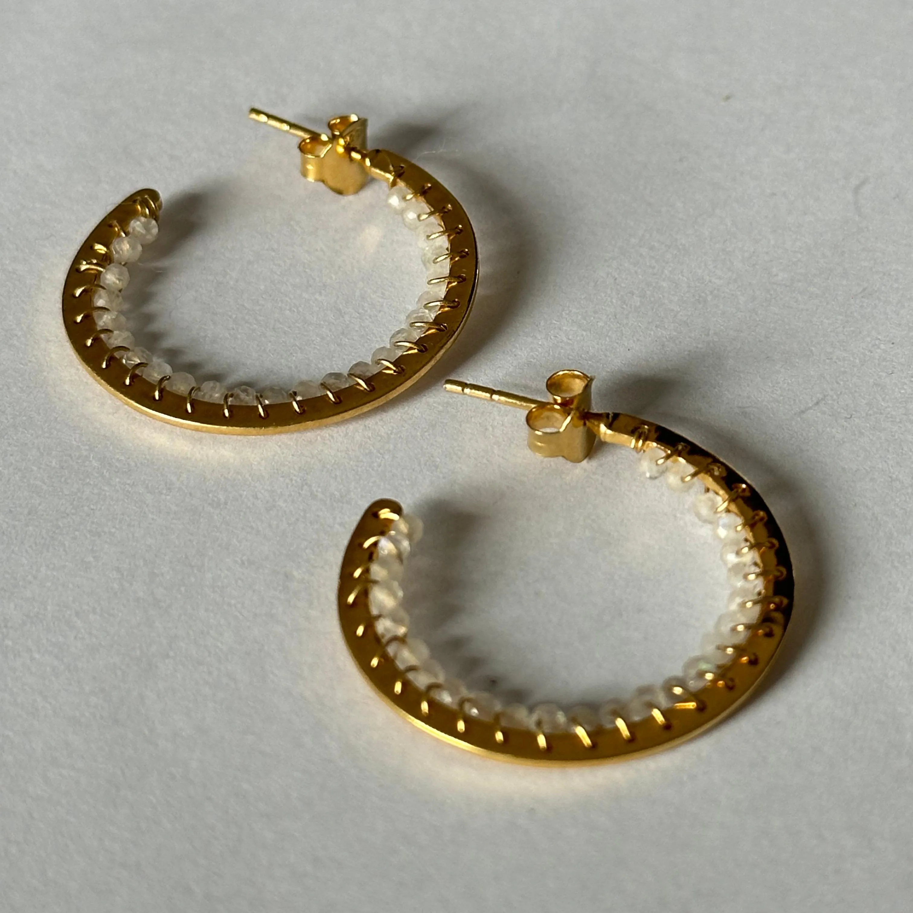 Hoop Earrings in Gold Plated Sterling Silver with Moonstone Gemstone