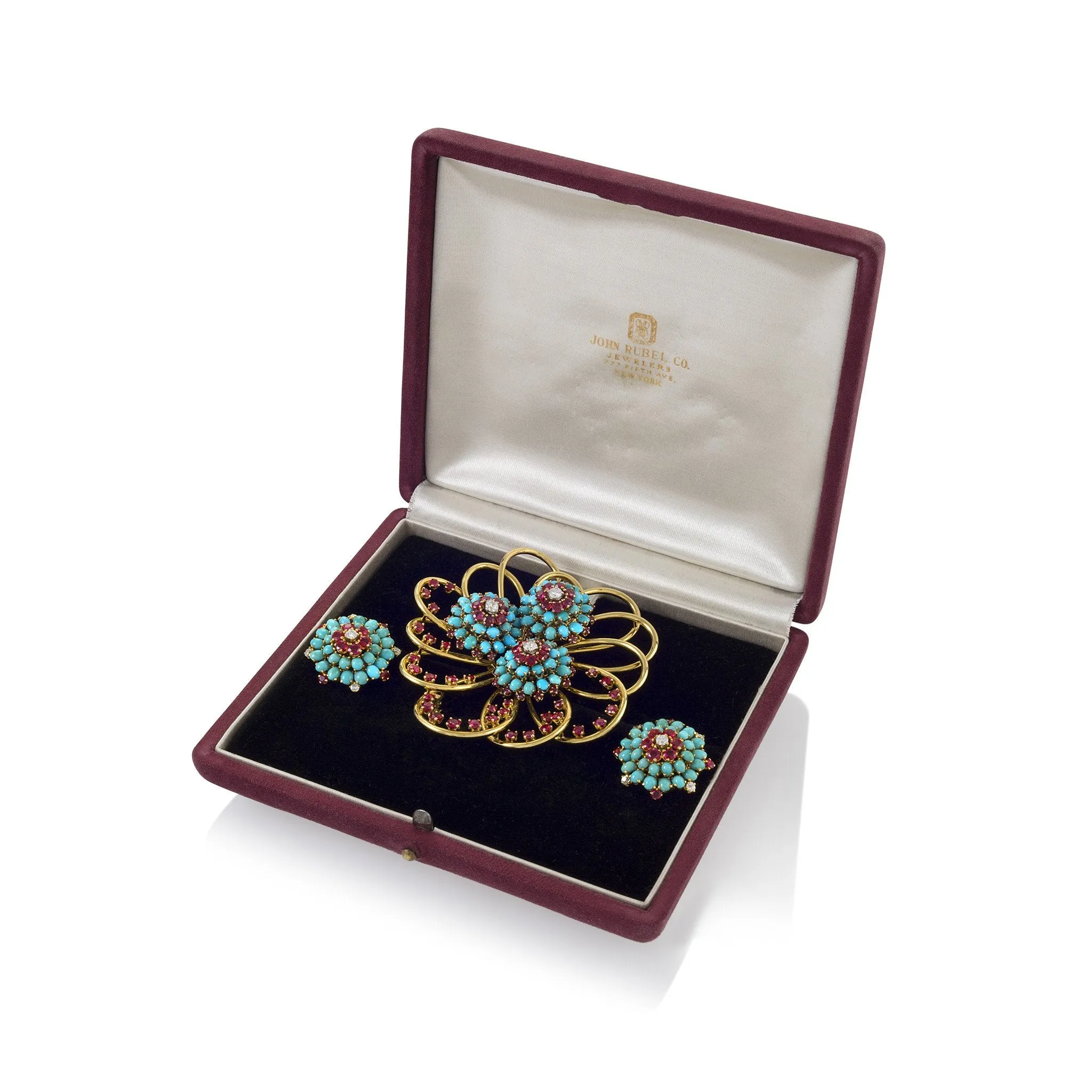 John Rubel Pavé Turquoise and Ruby Brooch and Earrings Suite