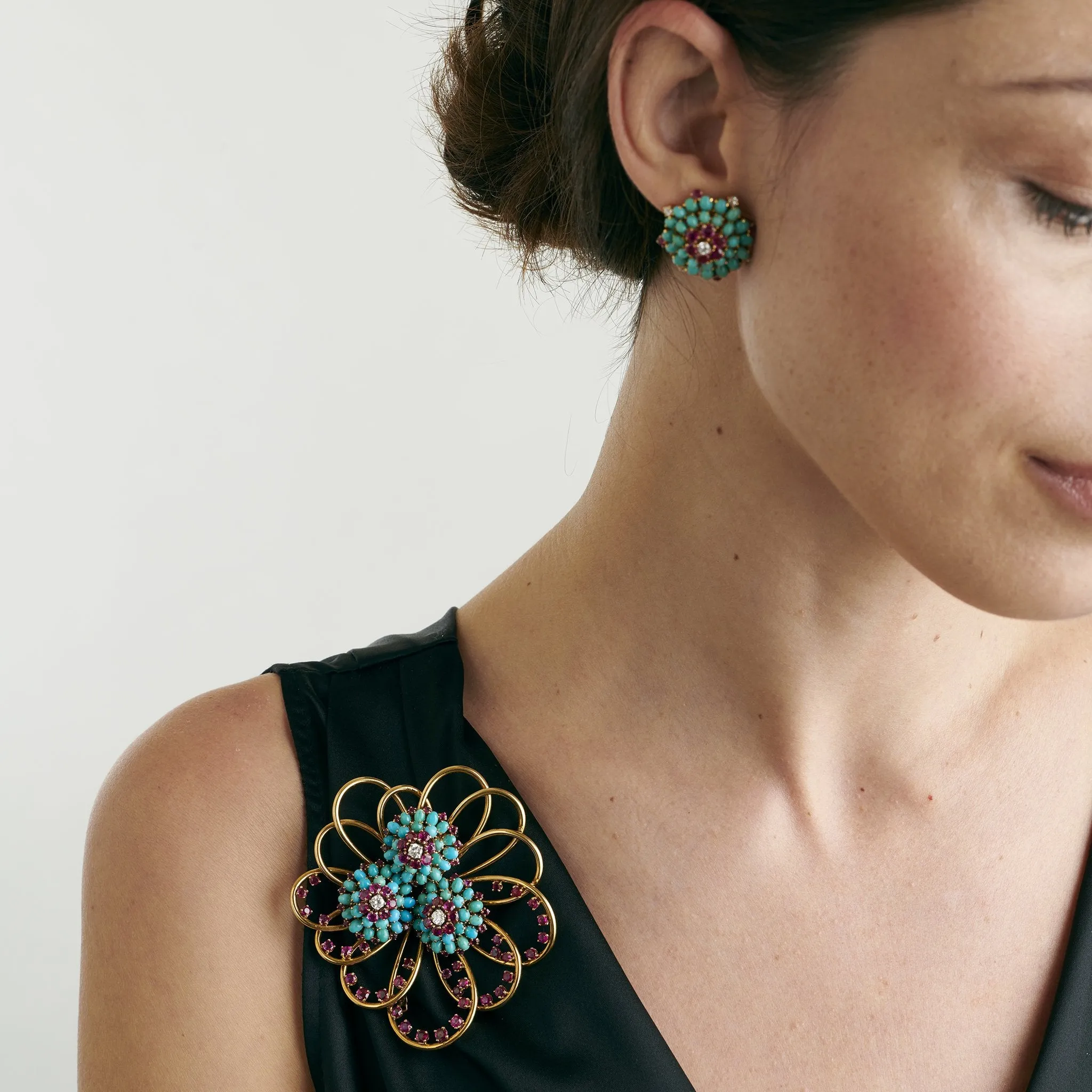 John Rubel Pavé Turquoise and Ruby Brooch and Earrings Suite
