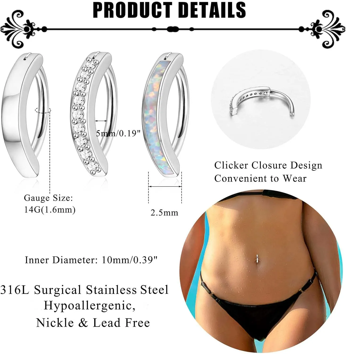 Jstyle 3Pcs 14G Clicker Belly Button Ring for Women - Gold 316L Surgical Steel, Cute CZ Opal Small Hoop, Simple Reverse Navel Piercing Jewelry
