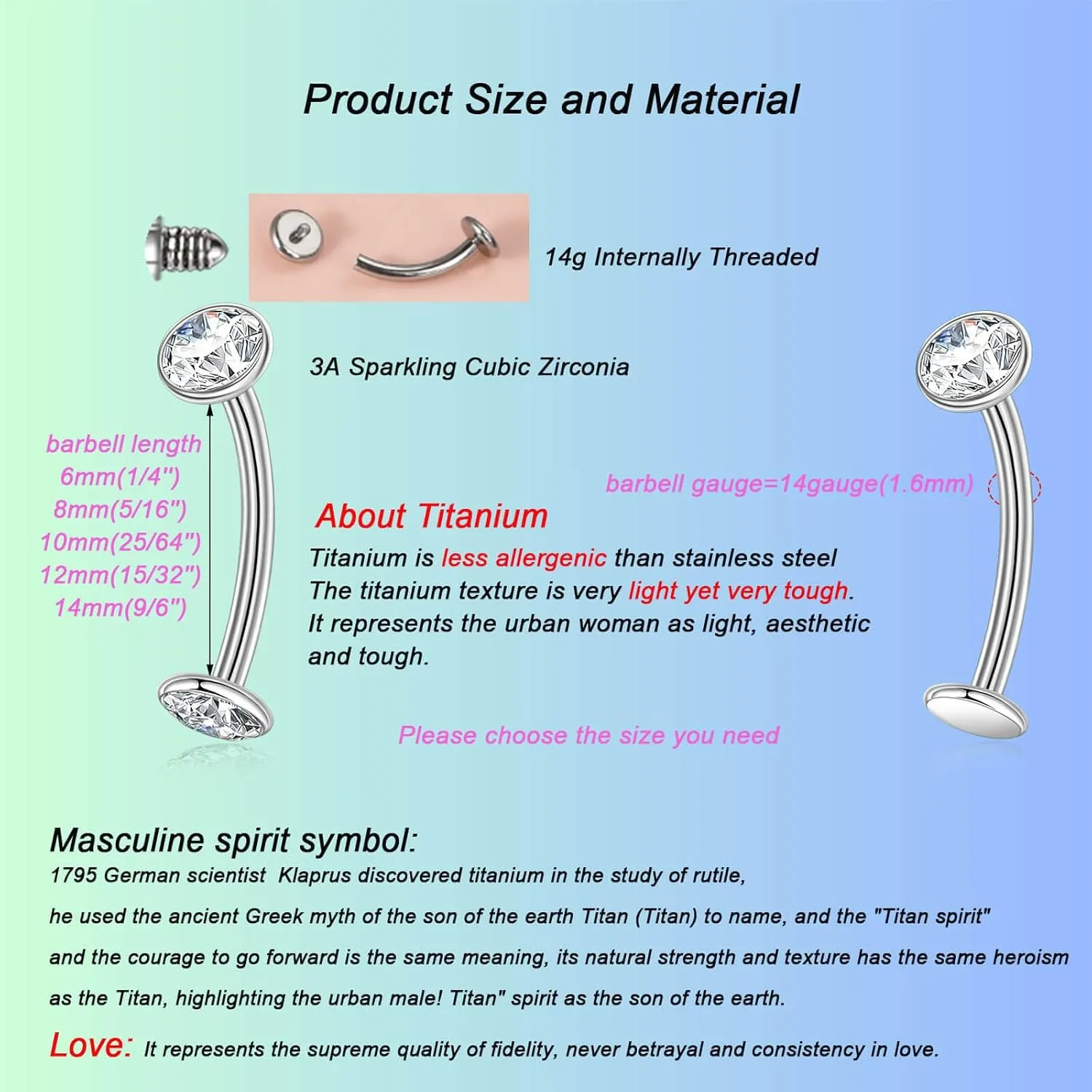 Lantine G23 Titanium Floating Belly Button Rings Set14g Curved Barbell Long/Short Navel Ring Round Cz Cute Navel Piercing Jewelry 6-14mm