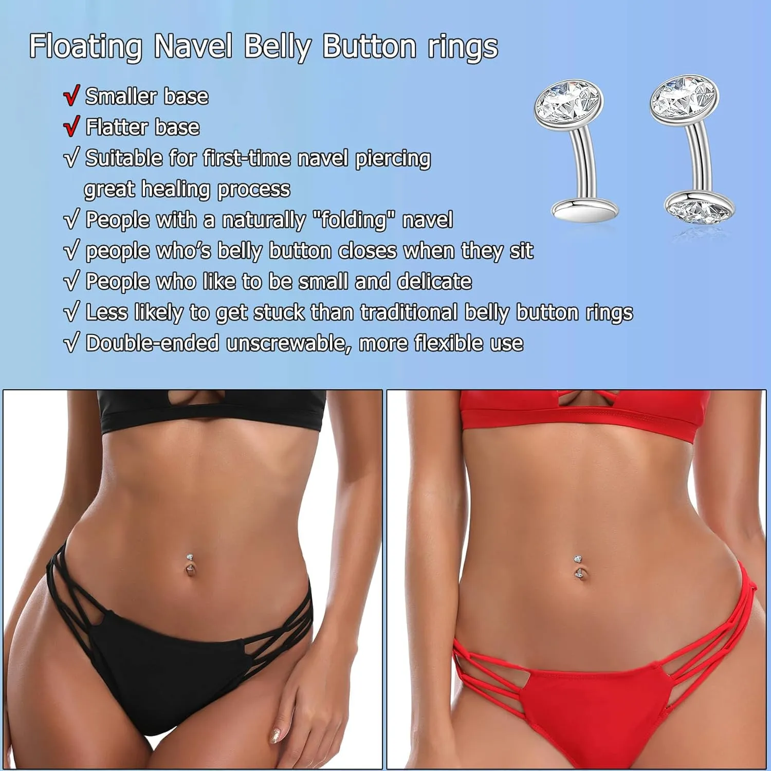 Lantine G23 Titanium Floating Belly Button Rings Set14g Curved Barbell Long/Short Navel Ring Round Cz Cute Navel Piercing Jewelry 6-14mm