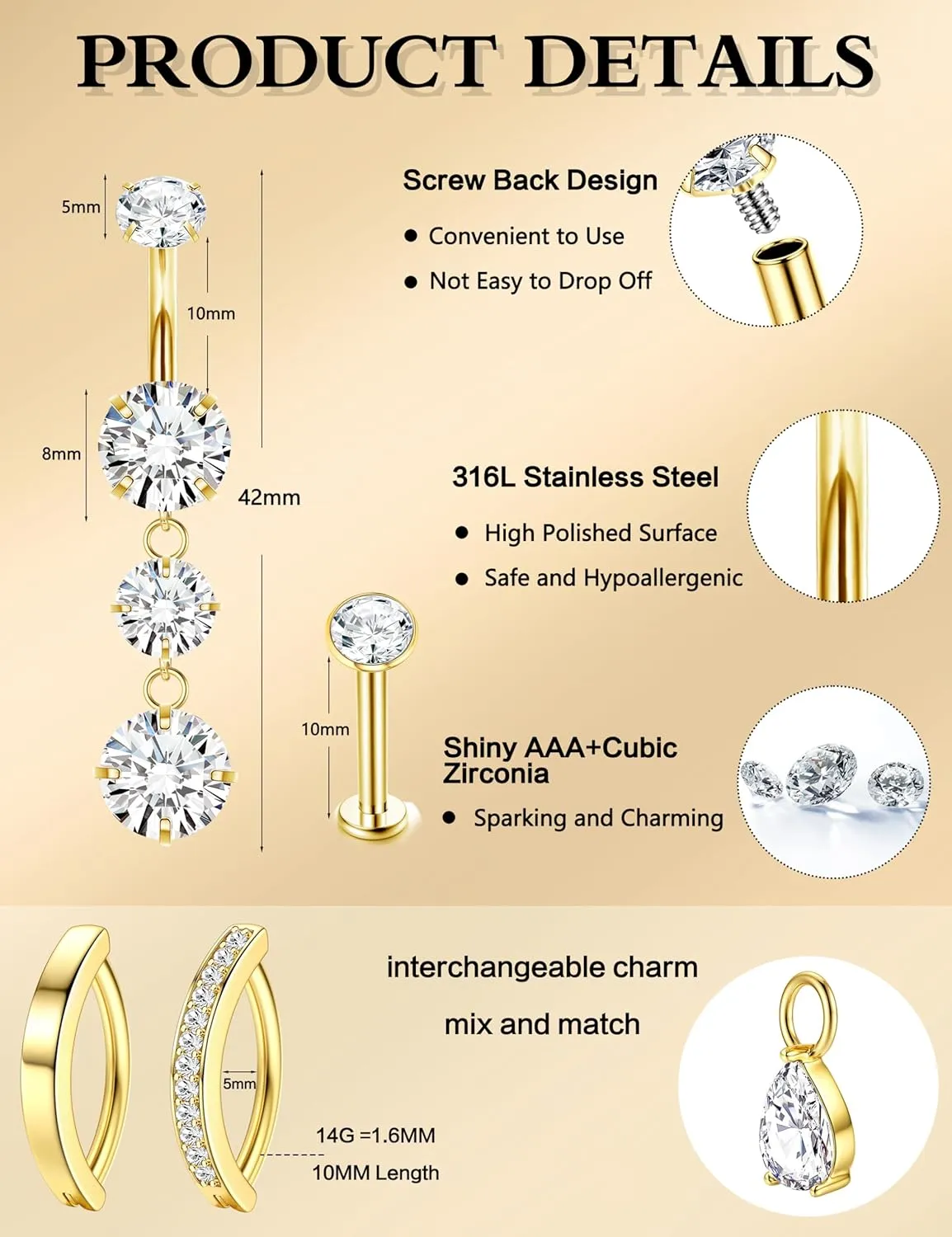 LOLIAS Gold Belly Button Ring - 14G Surgical Stainless Steel Belly Rings Hypoallergenic Clicker Belly Button Piercings for Women CZ Dangle Belly Button Rings Navel Piercing Pack Silver/Gold