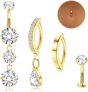 LOLIAS Gold Belly Button Ring - 14G Surgical Stainless Steel Belly Rings Hypoallergenic Clicker Belly Button Piercings for Women CZ Dangle Belly Button Rings Navel Piercing Pack Silver/Gold