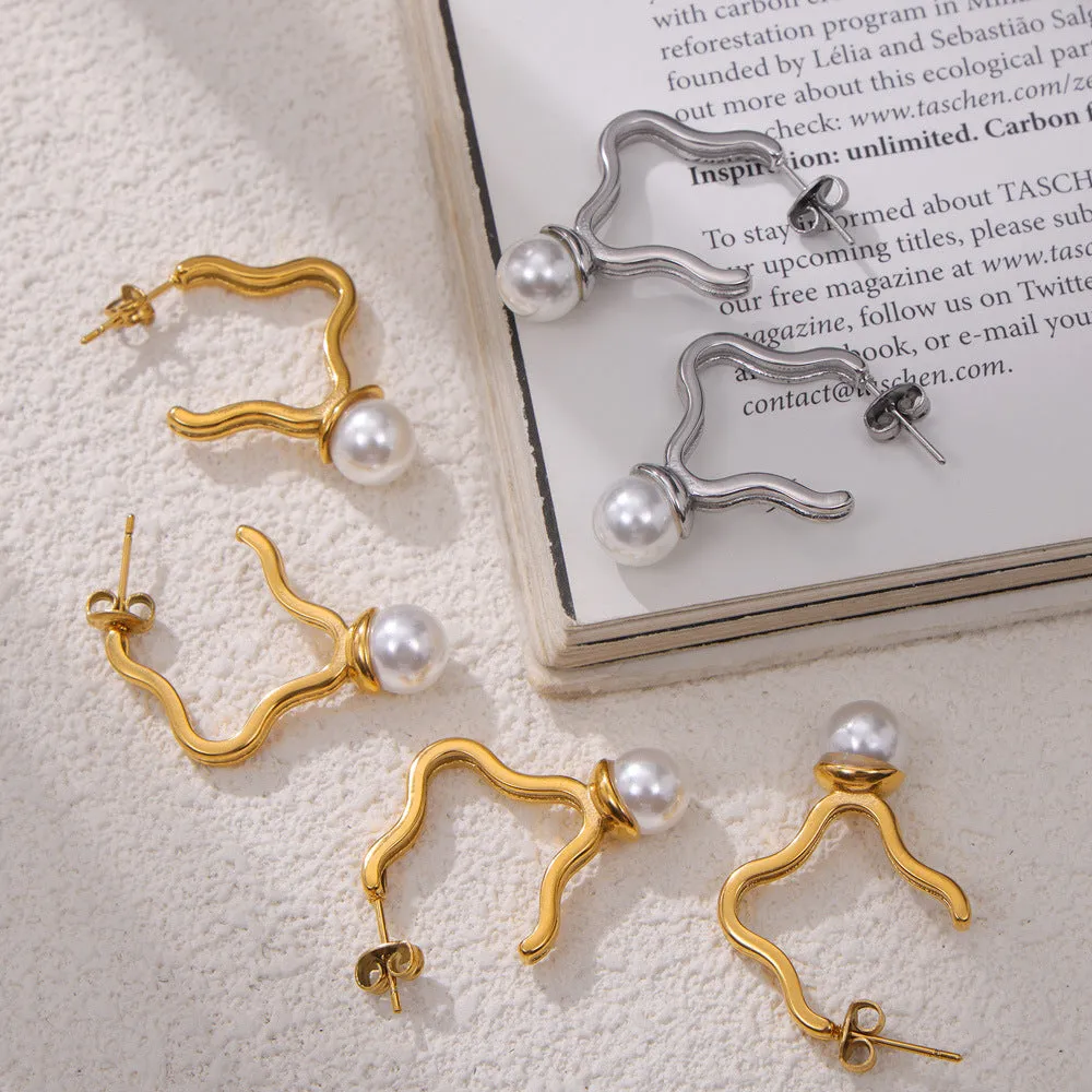 Lucky Grass Shape Line Design Titanium Steel Earrings with Inlaid Beads