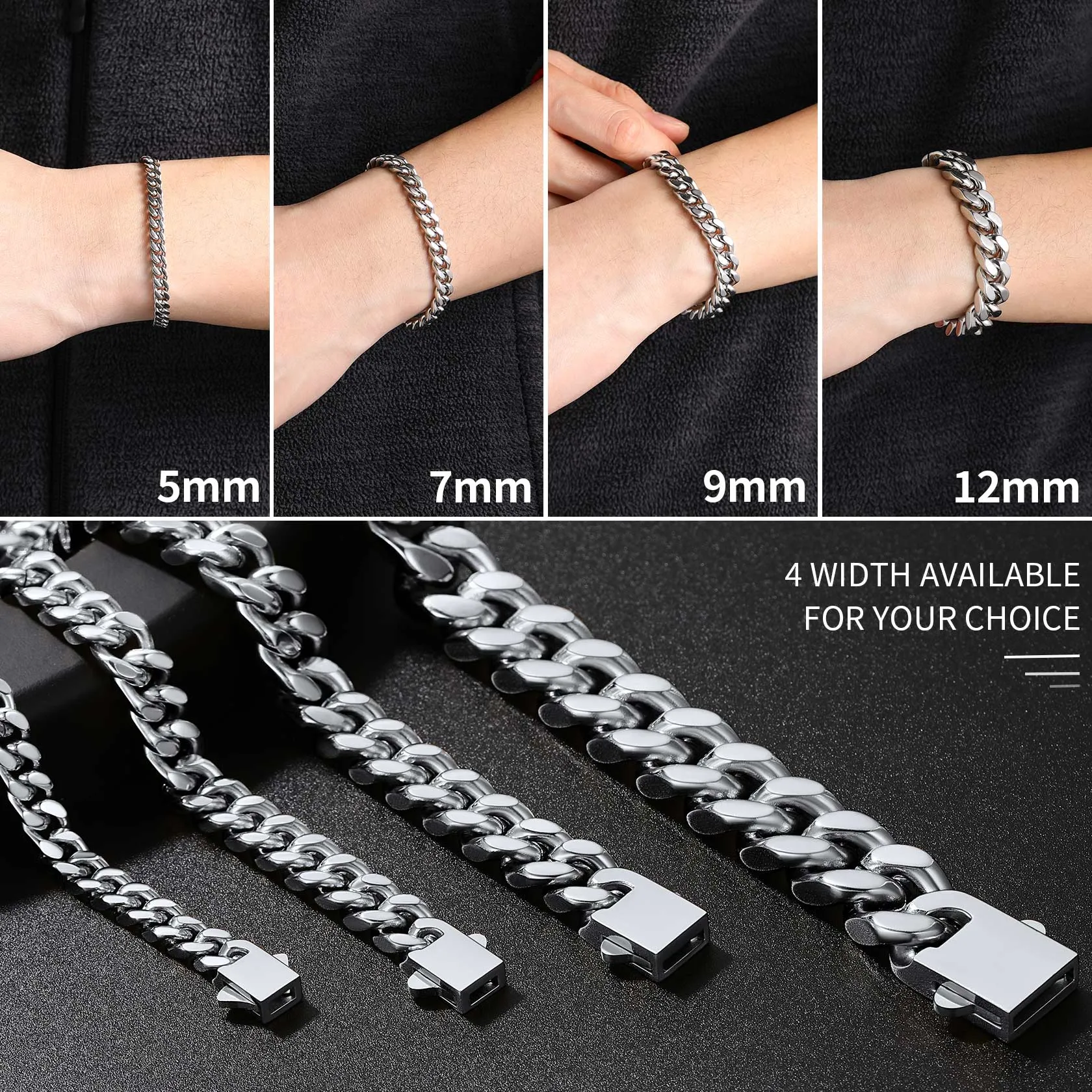 Miami Cuban Link Chain Bracelet for Men 5/7/9/12mm Width Bracelet