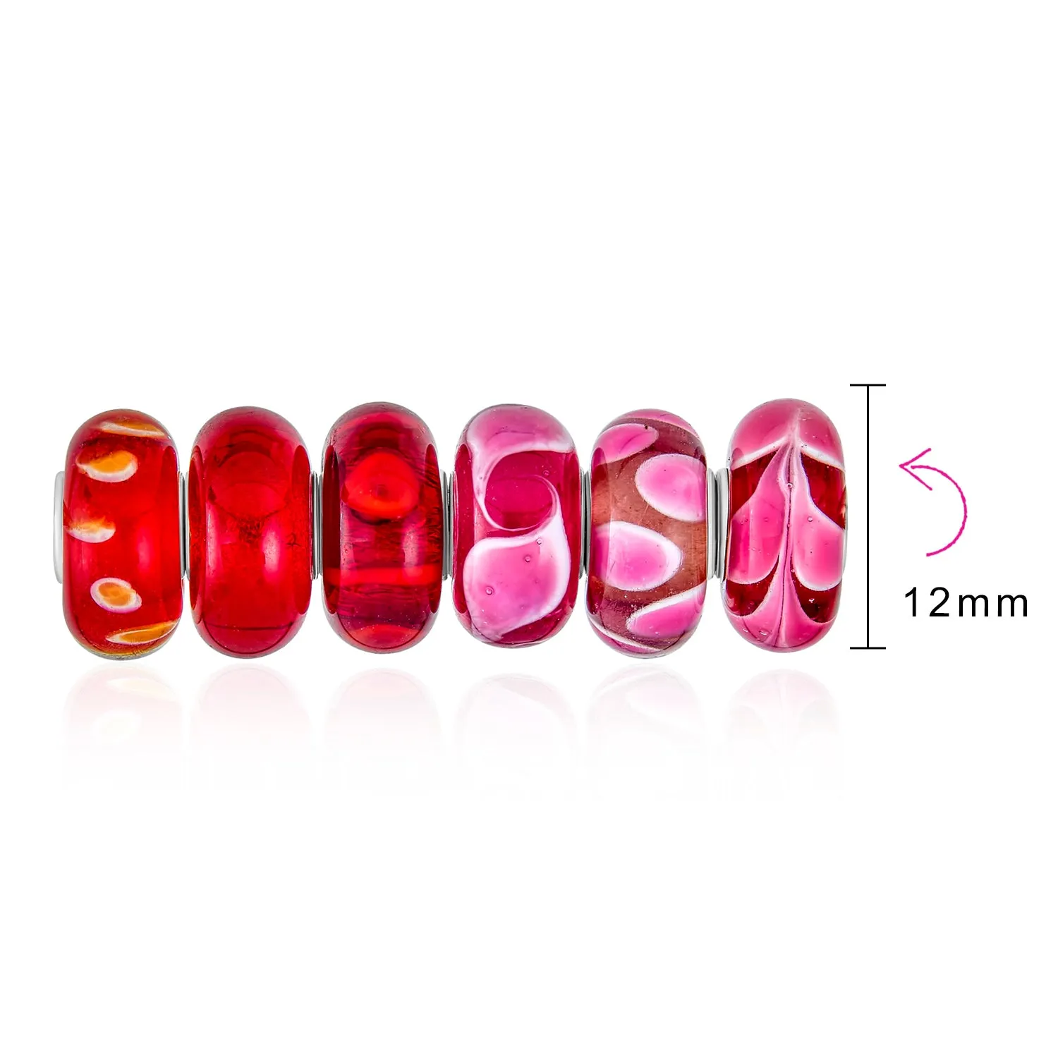 Mixed 6 Set Sterling Silver Core Red Pink Murano Glass Charm Bead for Bracelet