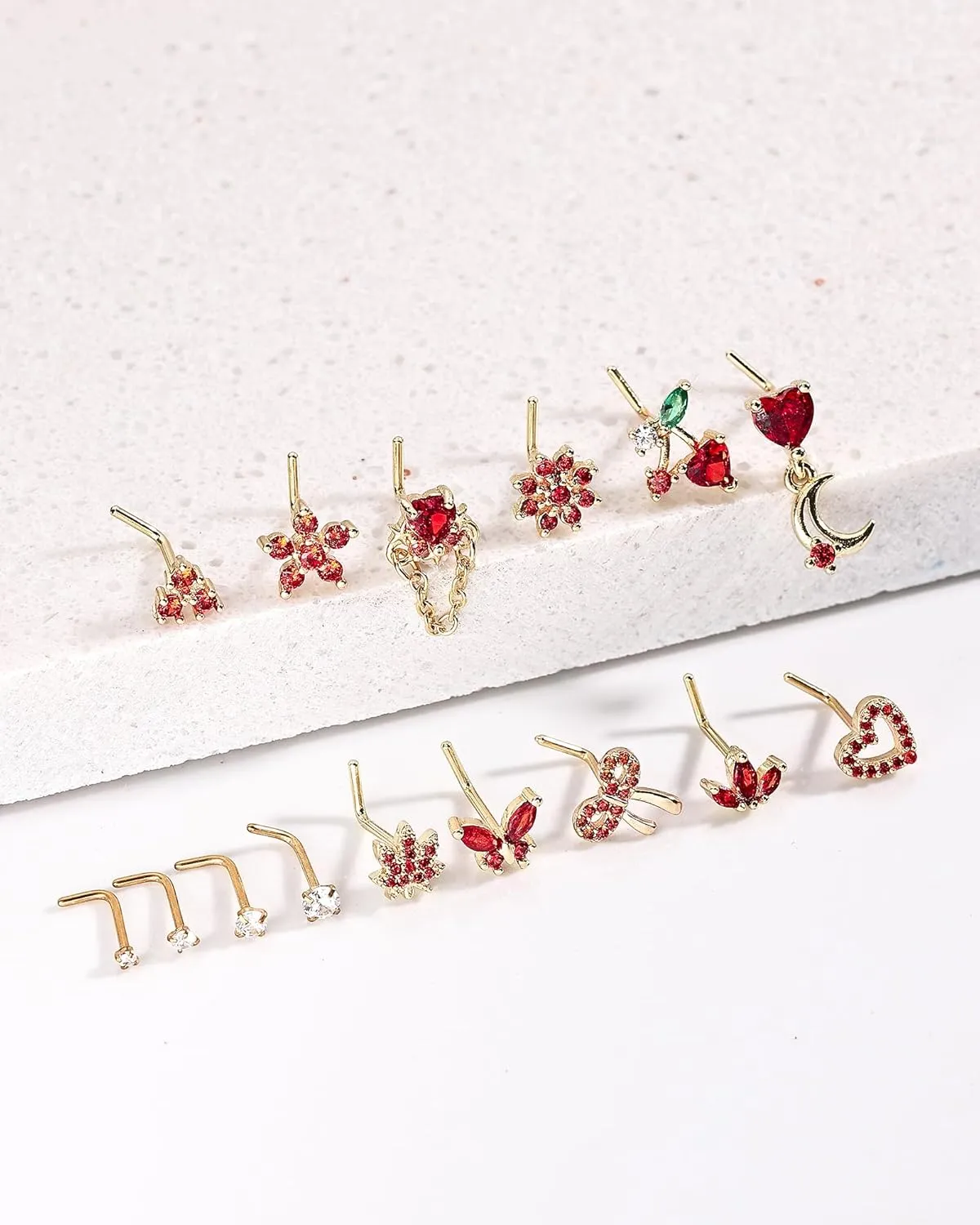 Nose Rings L Shaped for Women Nose Piercings 20G Surgical Stainless Steel Gold Nose Studs Pink Red CZ Heart Butterfly Flower Cherry Bow Moon Dangle Nose Piercing Jewelry