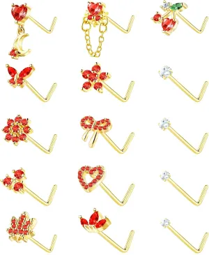 Nose Rings L Shaped for Women Nose Piercings 20G Surgical Stainless Steel Gold Nose Studs Pink Red CZ Heart Butterfly Flower Cherry Bow Moon Dangle Nose Piercing Jewelry