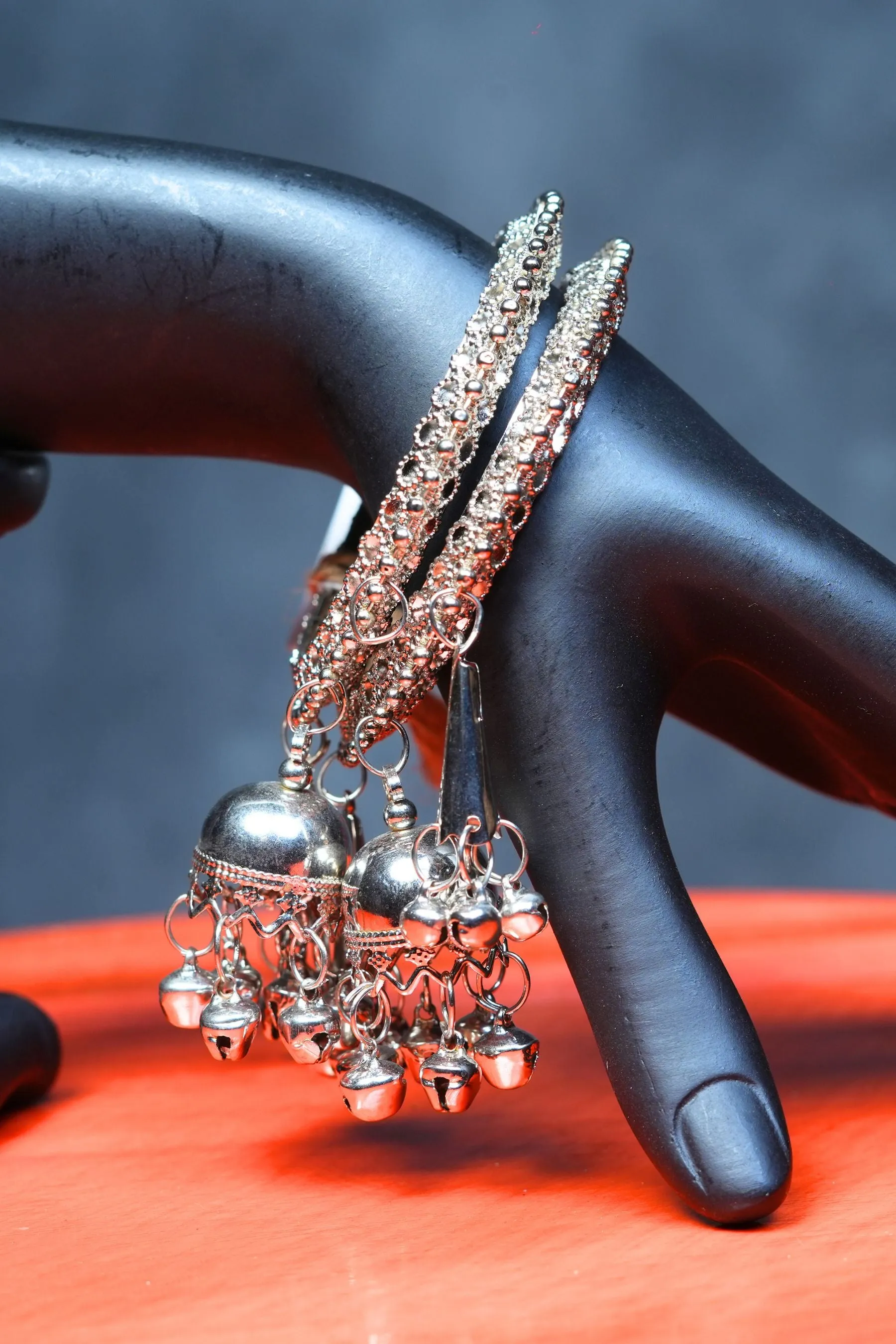 Oxidized White Metal Bangles with Jhumka Hangings - Set of 2 |JCSFashion