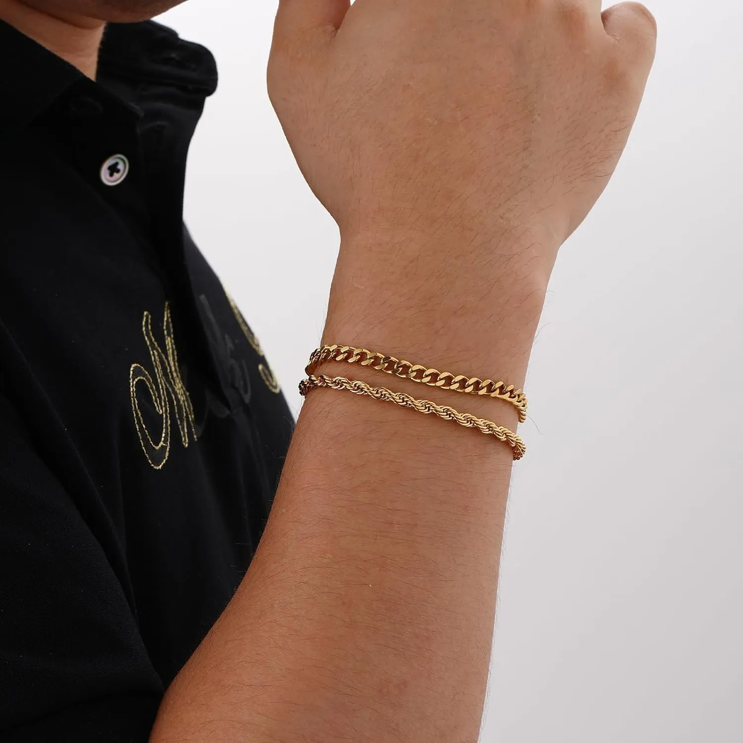 P.BLAKE 2 Pcs Stack Bracelets for Men Women, 925 Sterling Silver 14K Gold Bangle Cuff Link Cuban/Rope/Snake Chain Bracelet Set Jewelry Gifts