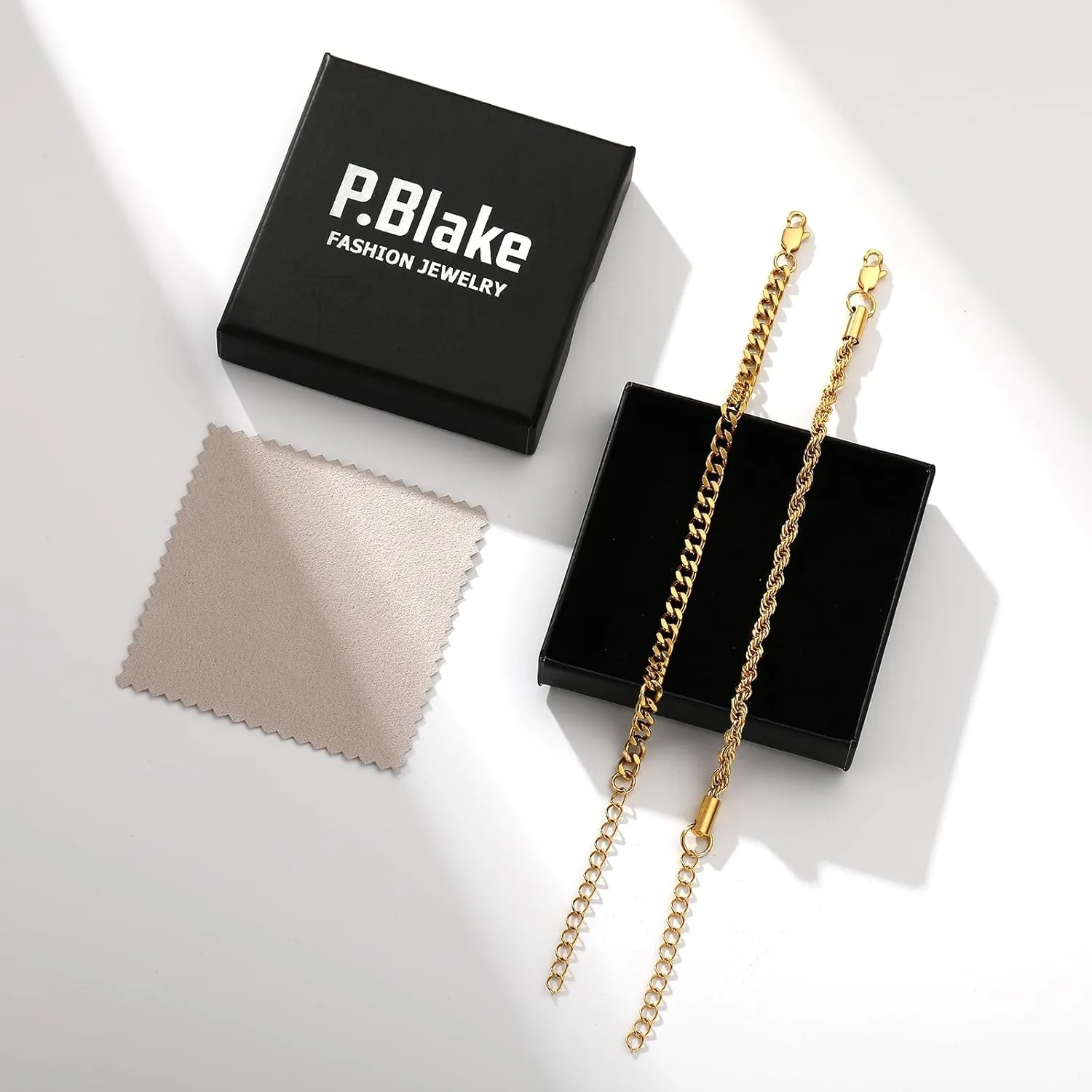 P.BLAKE 2 Pcs Stack Bracelets for Men Women, 925 Sterling Silver 14K Gold Bangle Cuff Link Cuban/Rope/Snake Chain Bracelet Set Jewelry Gifts