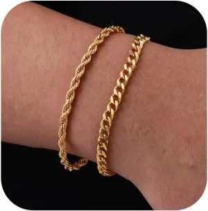 P.BLAKE 2 Pcs Stack Bracelets for Men Women, 925 Sterling Silver 14K Gold Bangle Cuff Link Cuban/Rope/Snake Chain Bracelet Set Jewelry Gifts