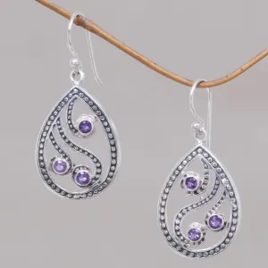 Peacock Feather Handcrafted Balinese Sterling Silver and Amethyst Earrings