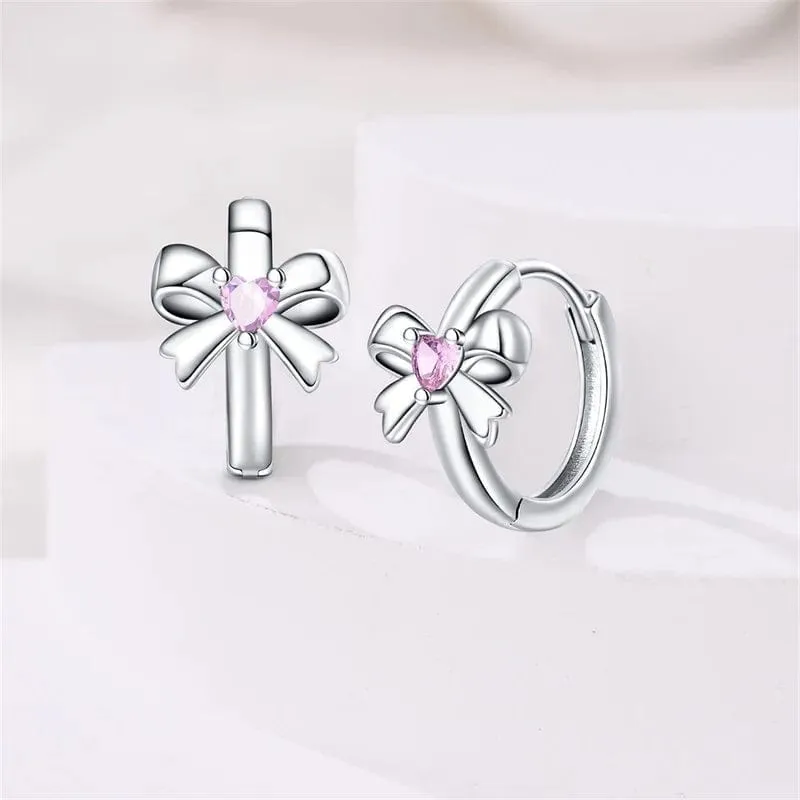 Pink Heart Gemstone Bow Hoop Earrings