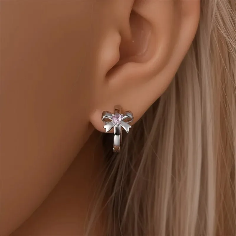 Pink Heart Gemstone Bow Hoop Earrings