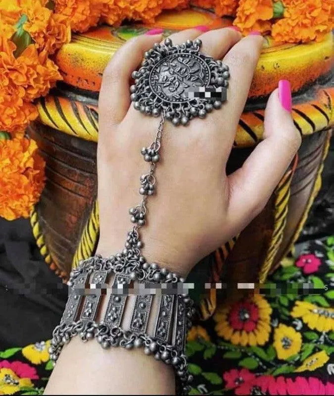 Playful ghungroo hand harness, black polish German silver antique finish, boho hippie gypsy Kemp jewellery, indian oxidised jewelry, gifts