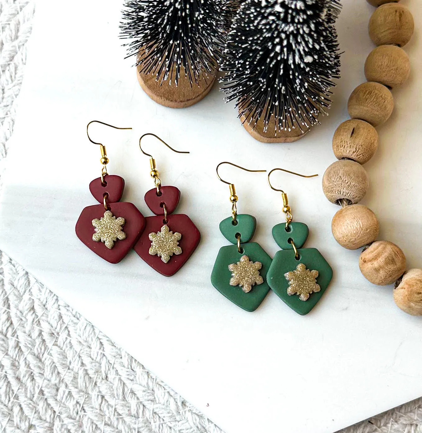 Polymer Clay Earrings -Diamond Shape with Snowflake (Wholesale)