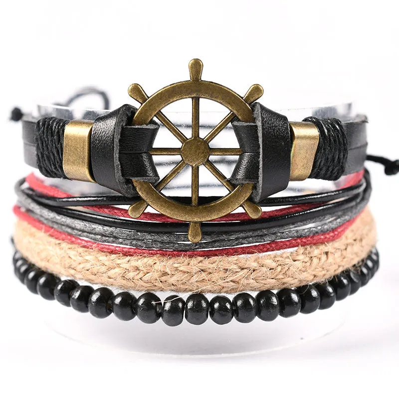 Retro Ethnic Style Cowhide with Simple Beaded Weaving Bracelet