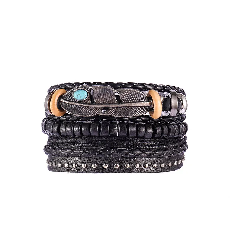Retro Ethnic Style Cowhide with Simple Beaded Weaving Bracelet