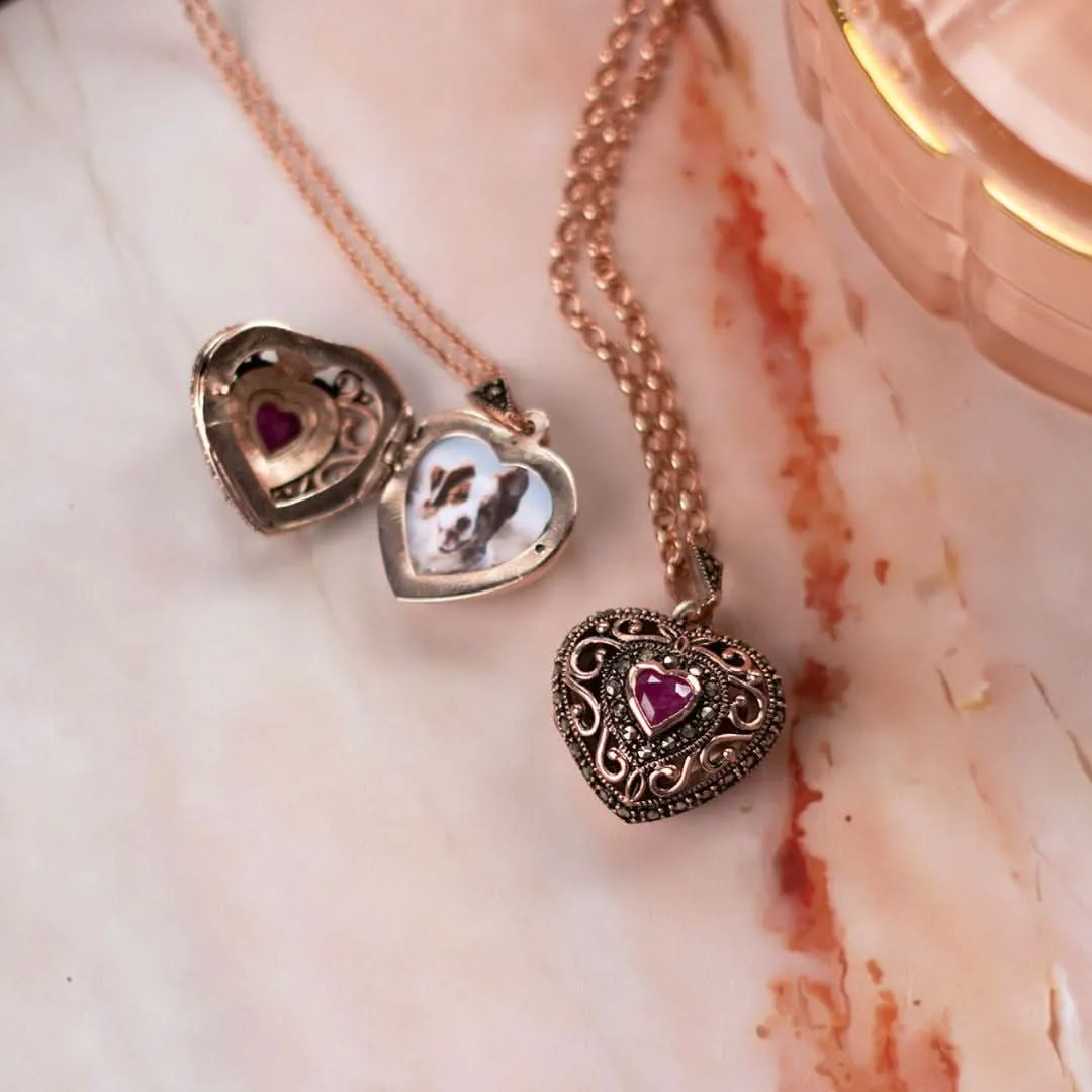 Ruby Vintage Heart Locket | Rose Gold