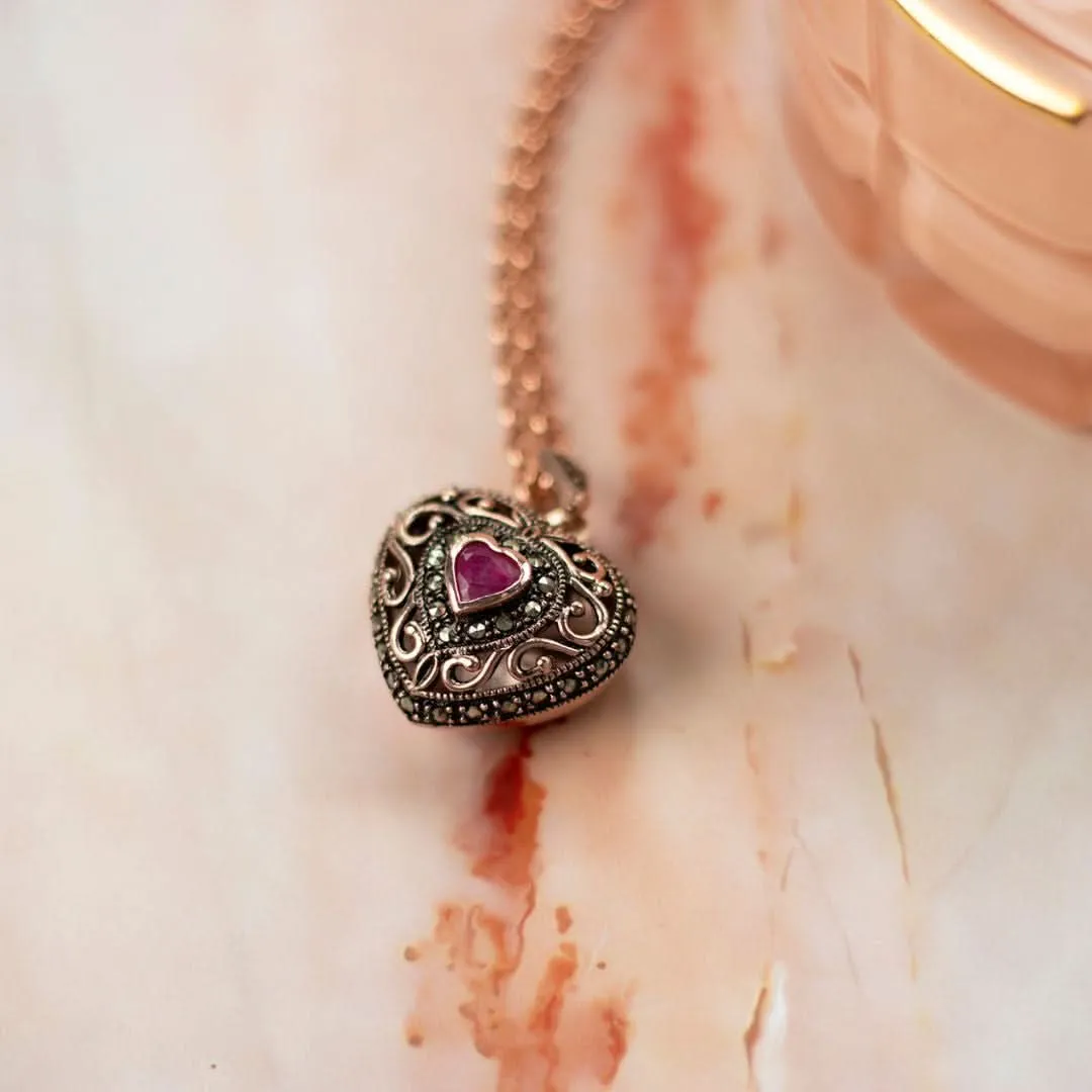 Ruby Vintage Heart Locket | Rose Gold