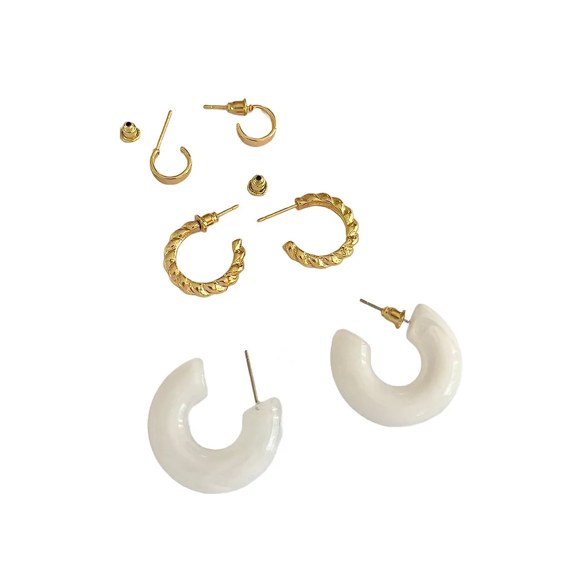 Set Of 3 Gold-Toned Mini, Twisted & Resin Open-Hoop Party Earrings