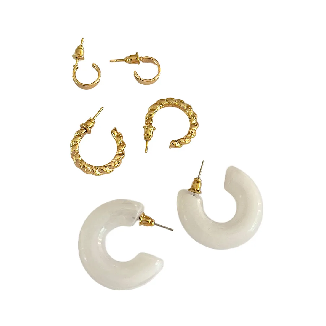 Set Of 3 Gold-Toned Mini, Twisted & Resin Open-Hoop Party Earrings