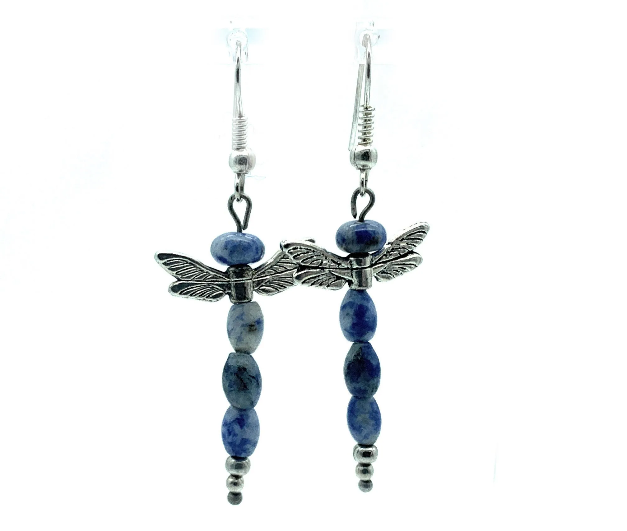 Silver Dragonfly & Sodalite Bead Dangle Earrings