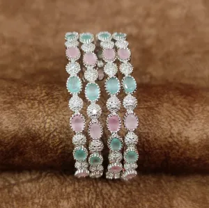 SILVER PLATED MINT & PINK COLOUR CZ BANGLES
