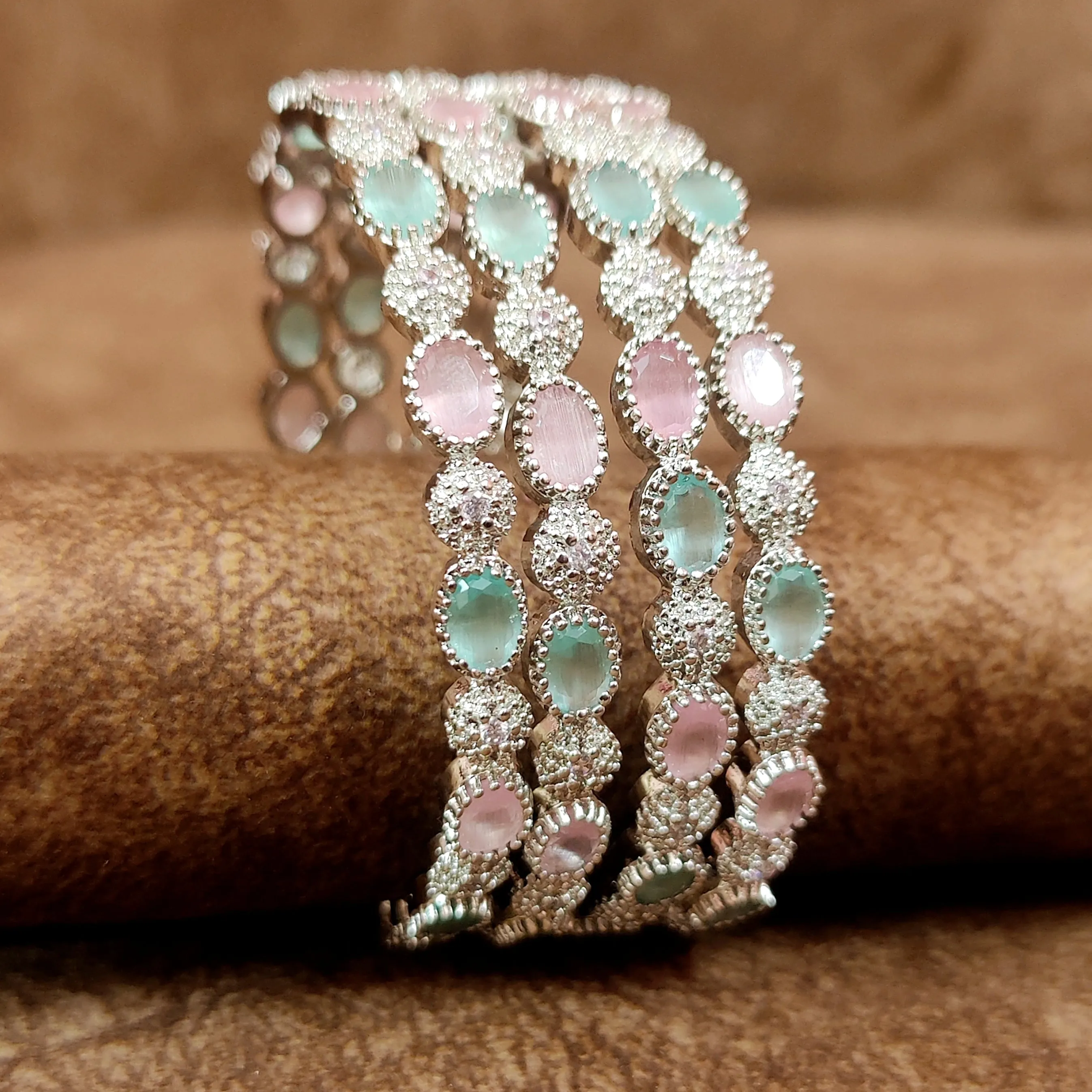 SILVER PLATED MINT & PINK COLOUR CZ BANGLES